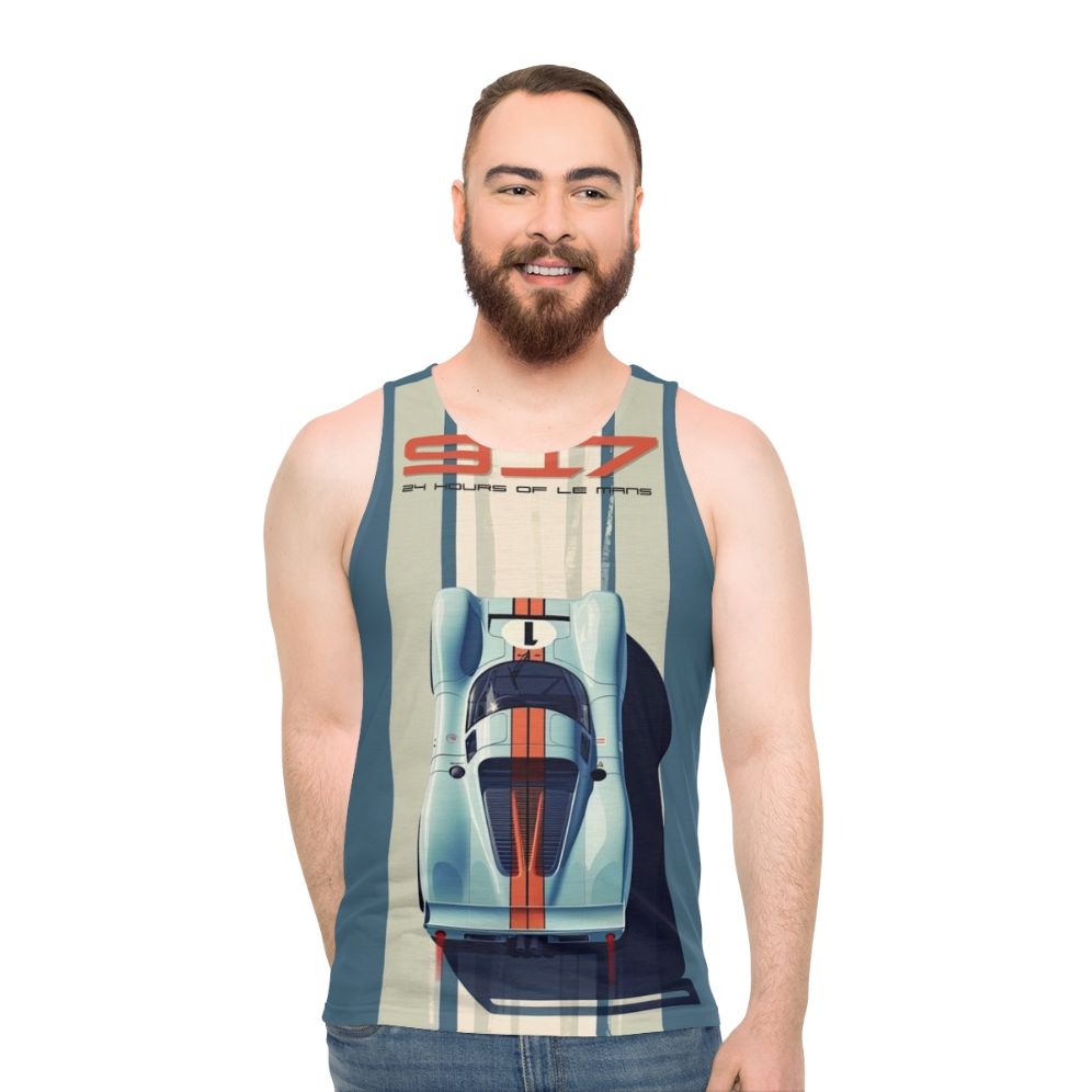 Porsche 917 race car in vintage Martini Racing livery on unisex tank top - men