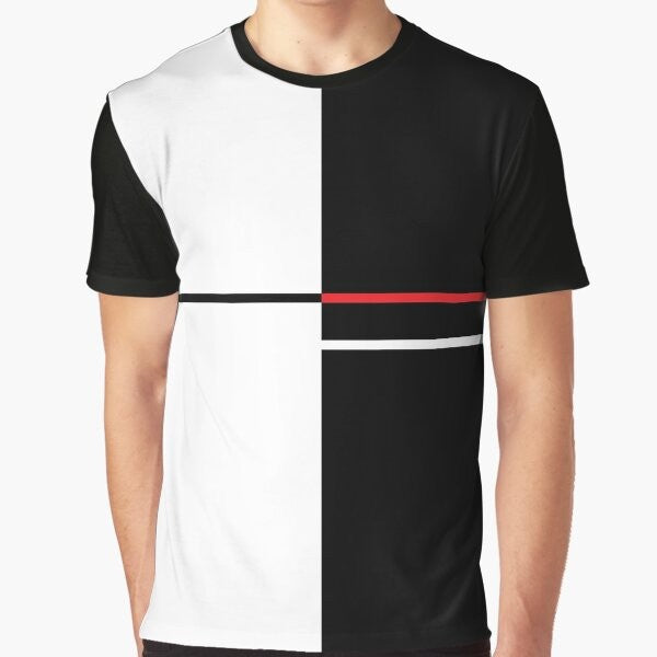 Minimalist, monochrome graphic t-shirt design featuring the Monokuma character from the Danganronpa anime and video game series.