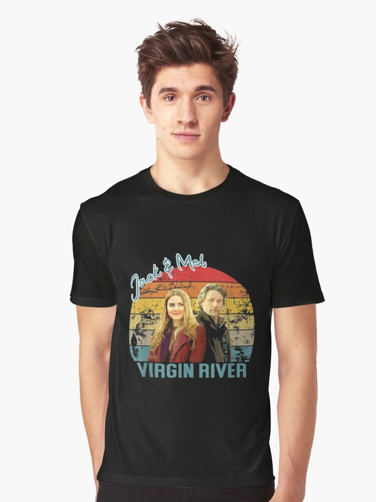 Graphic t-shirt with a sunset over the Virgin River, the home of Jack's Bar - Men