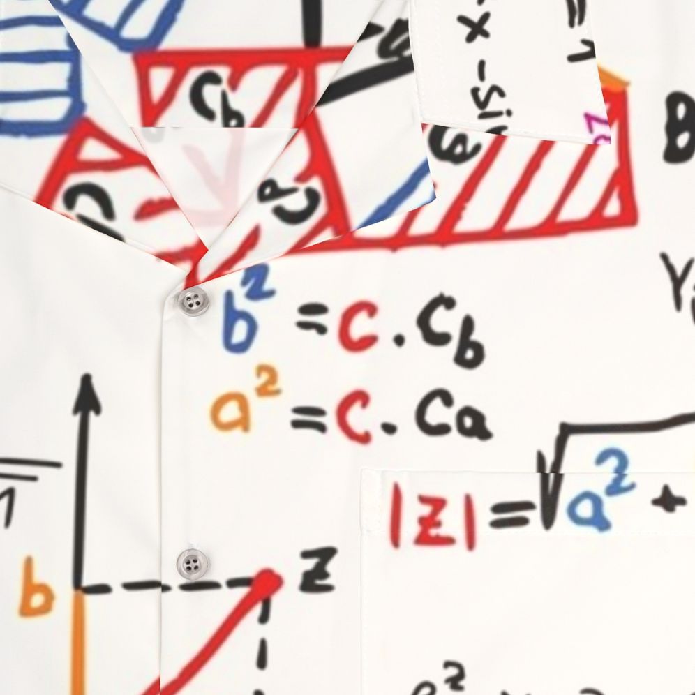 Mathematics formulas and numbers printed on a colorful Hawaiian shirt - Detail