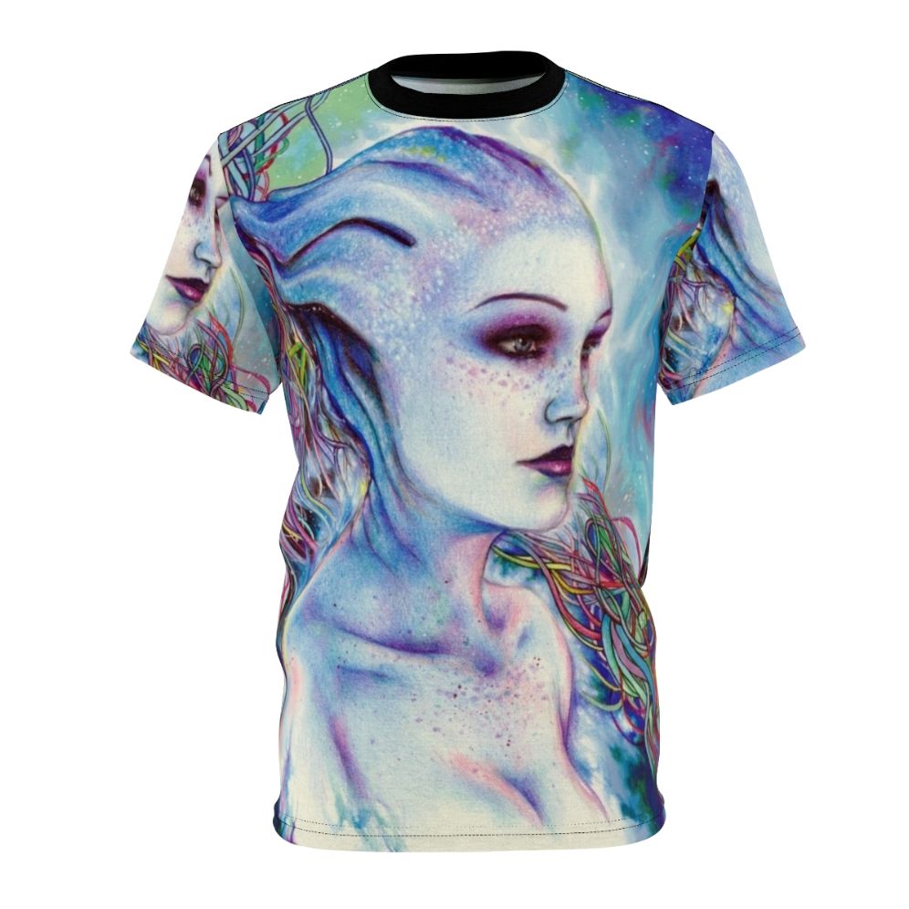 Mass Effect inspired Liara T'Soni t-shirt featuring a vibrant all-over print design