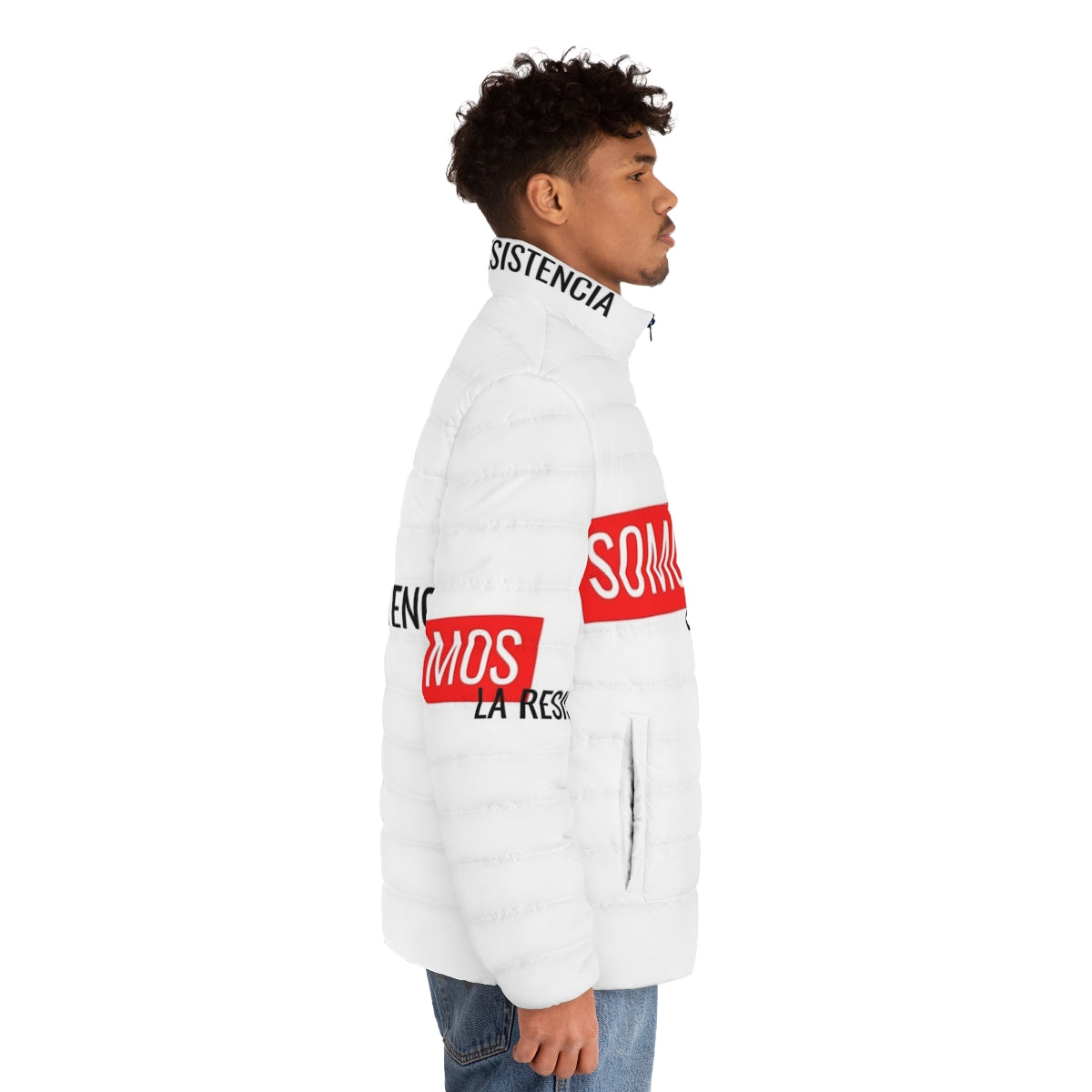 Money Heist Puffer Jacket featuring 'We Are The Resistance' design - men side right