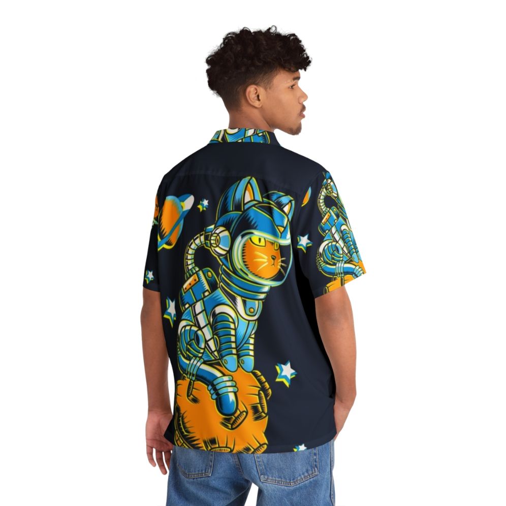 Cosmic Cat Hawaiian Shirt featuring a cute cat in a space-themed Hawaiian design - People Back