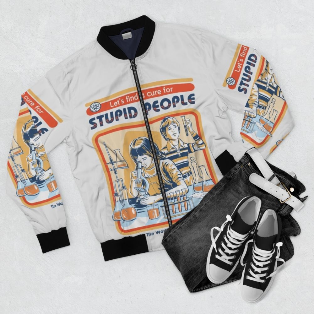 Vintage "A Cure For Stupid People" Bomber Jacket featuring a retro science and humor design - Flat lay