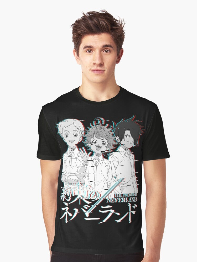 The Promised Neverland Glitch Graphic T-Shirt featuring characters Emma, Norman, and Ray from the popular anime and manga series. - Men