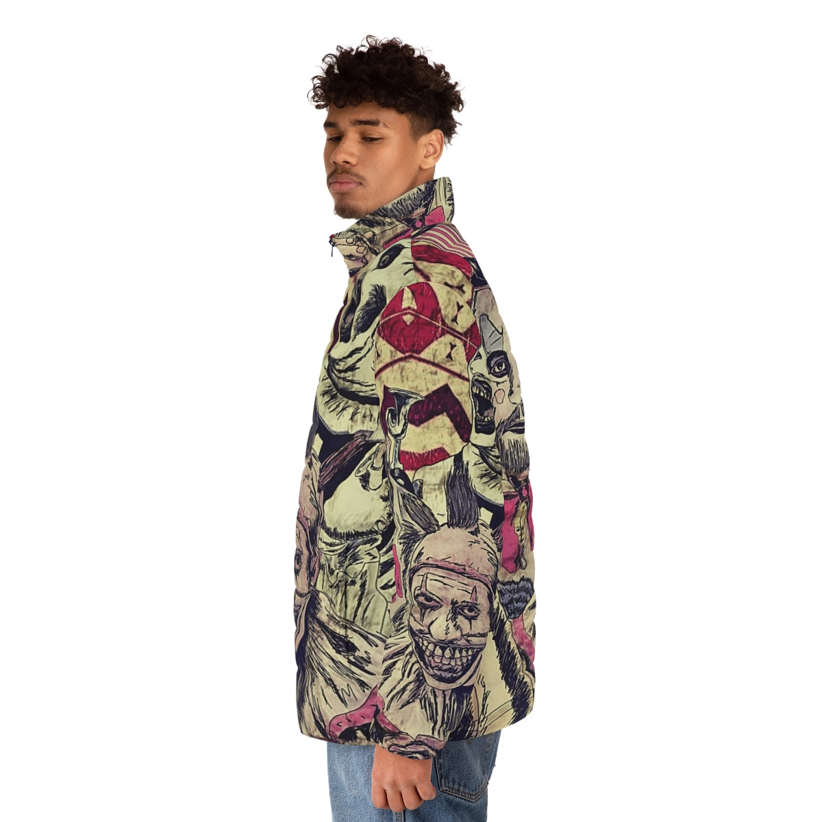 Creepy clown puffer jacket with horror movie-inspired design - men side left