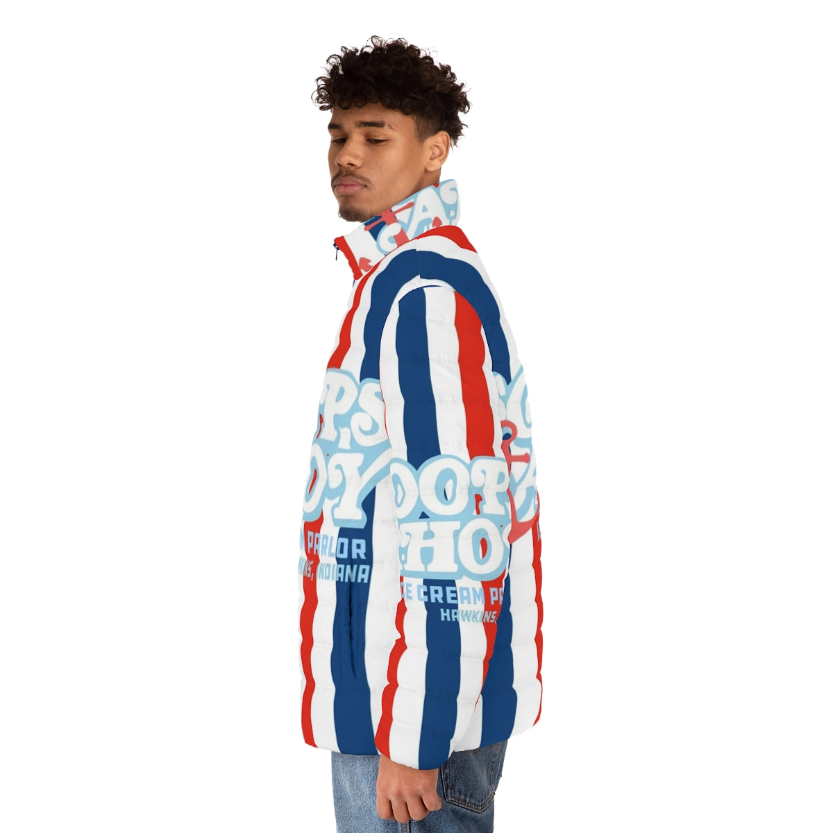 Scoops Ahoy Ice Cream Puffer Jacket featuring Stranger Things characters - men side left