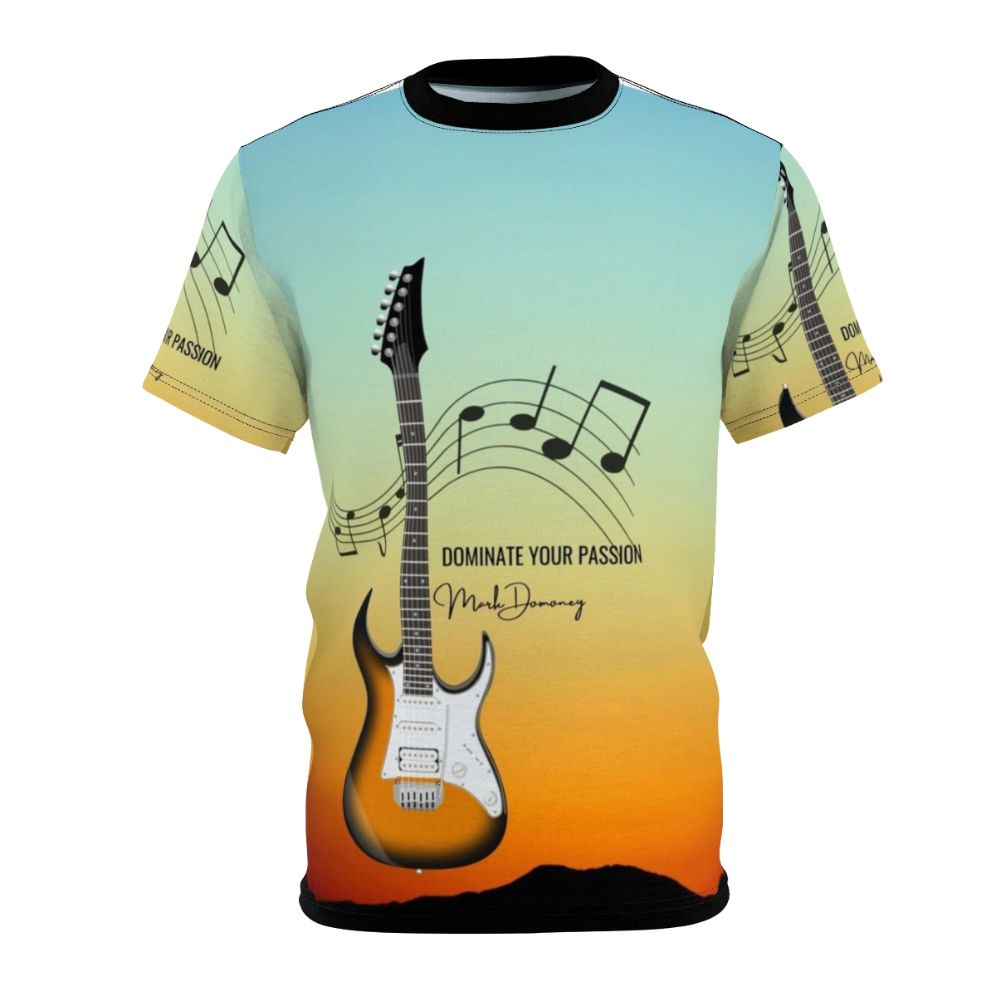 Artwork featuring a guitar dominator design, electric guitar, music notes