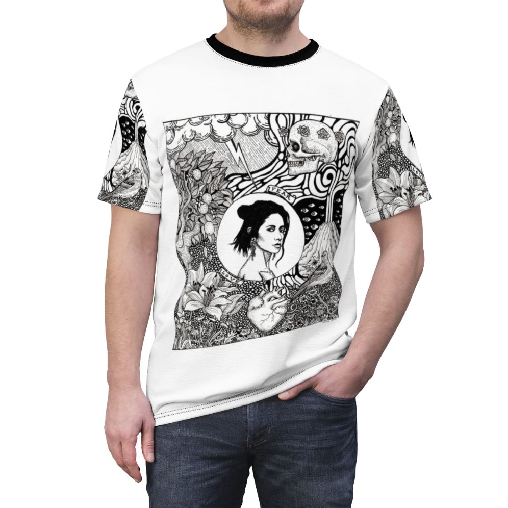 Artistic T-shirt design featuring the name and silhouette of singer-songwriter Marina Diamandis. - men front