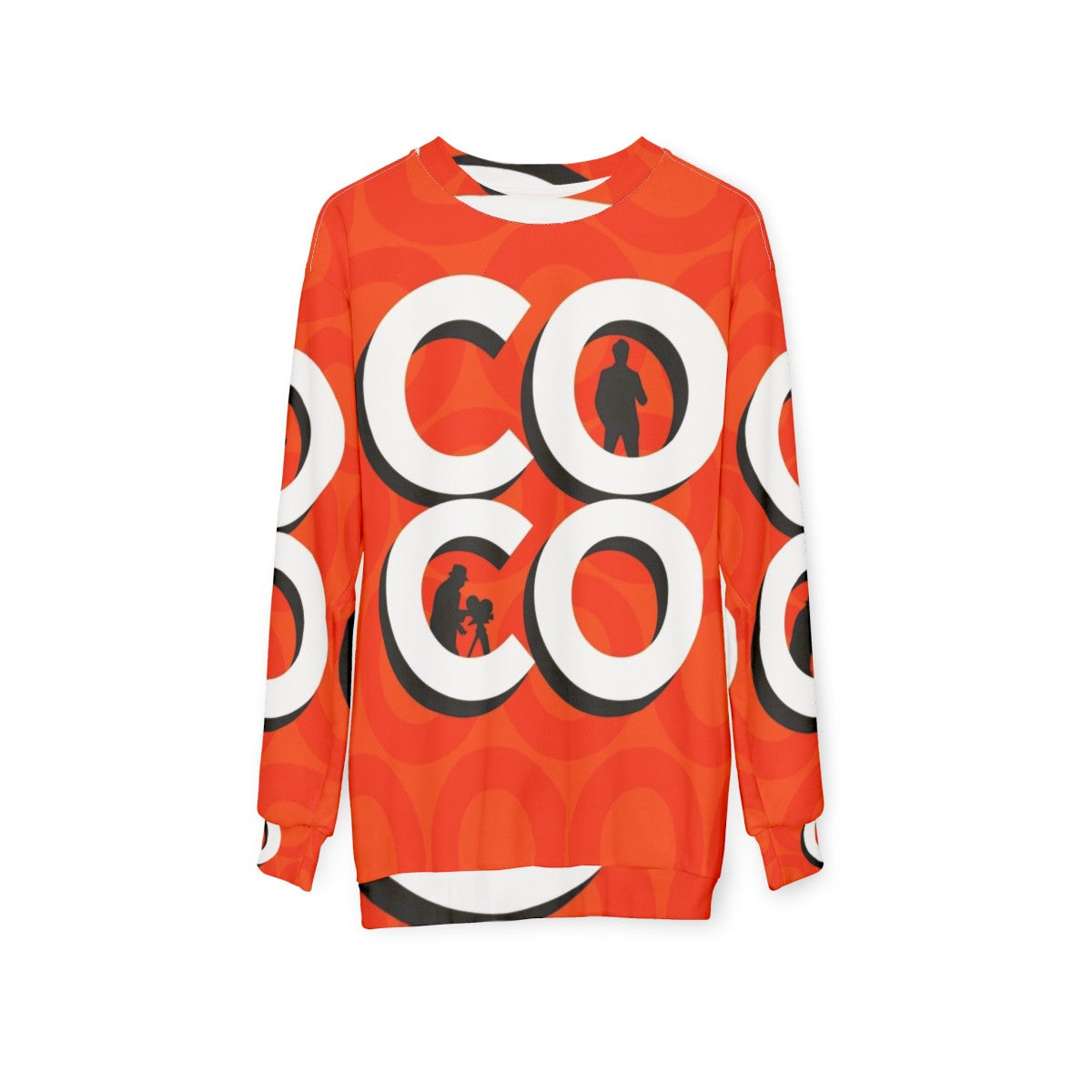 Coco Typography Silhouette Sweatshirt featuring Conan O'Brien's iconic design - hanging