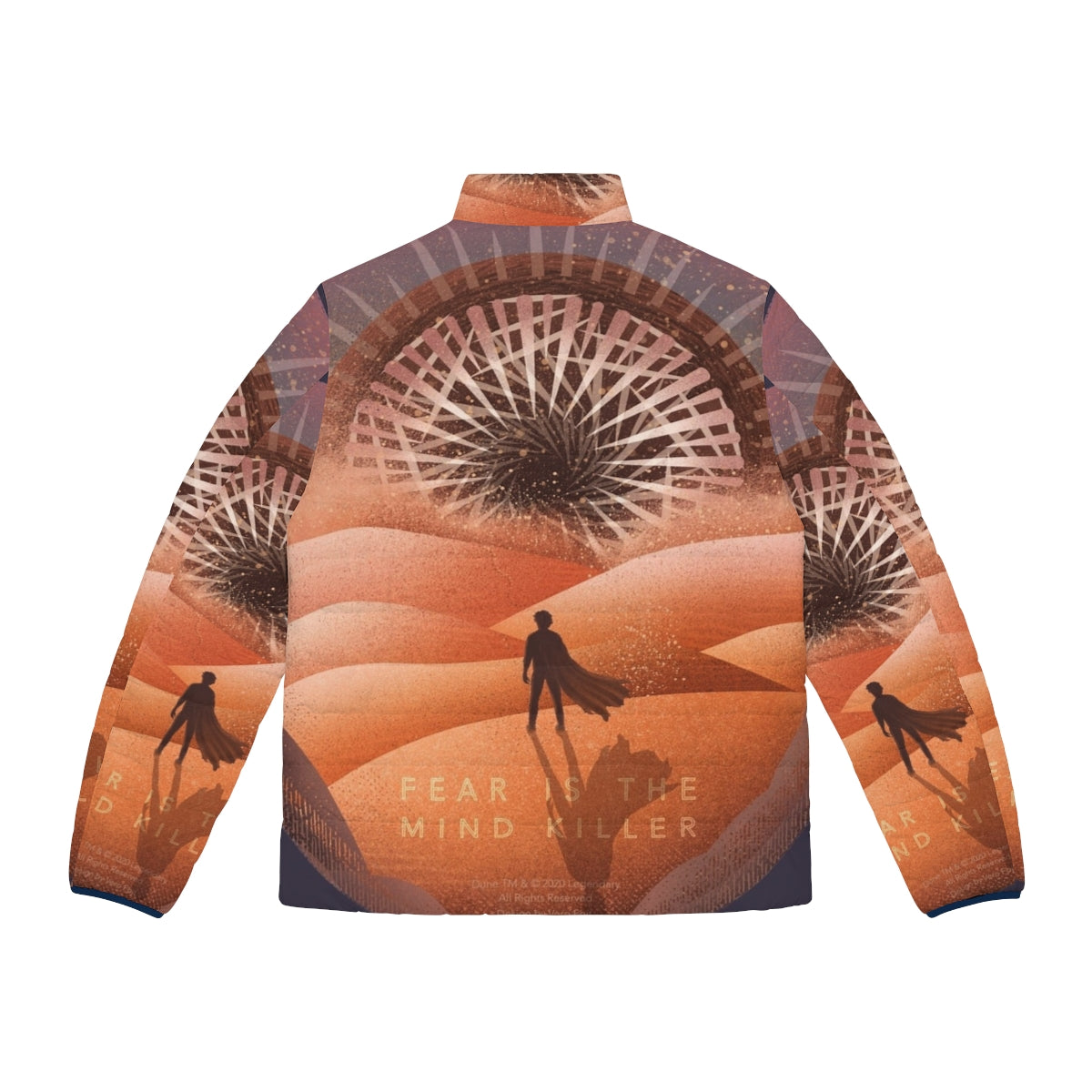 Dune The Fear Is The Mind Killer Puffer Jacket featuring a sandworm design - Back