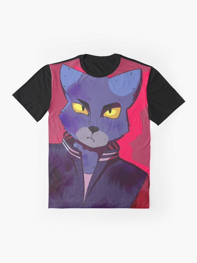 Graphic t-shirt featuring the "Lone Digger" character from the Caravan Palace electro-swing music group, with a furry cat design. - Flat lay