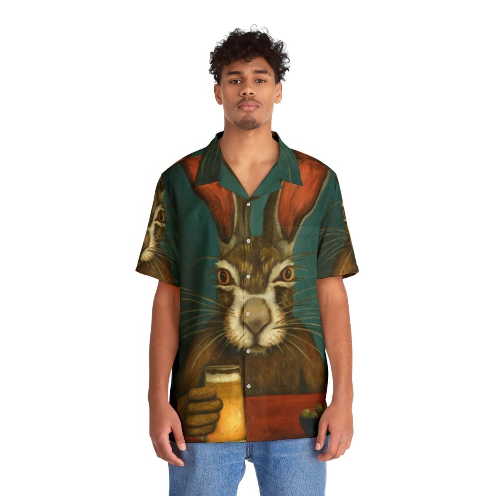 Bunny Hops Hawaiian Shirt with Bunnies, Olives, and Beer Imagery - People Front