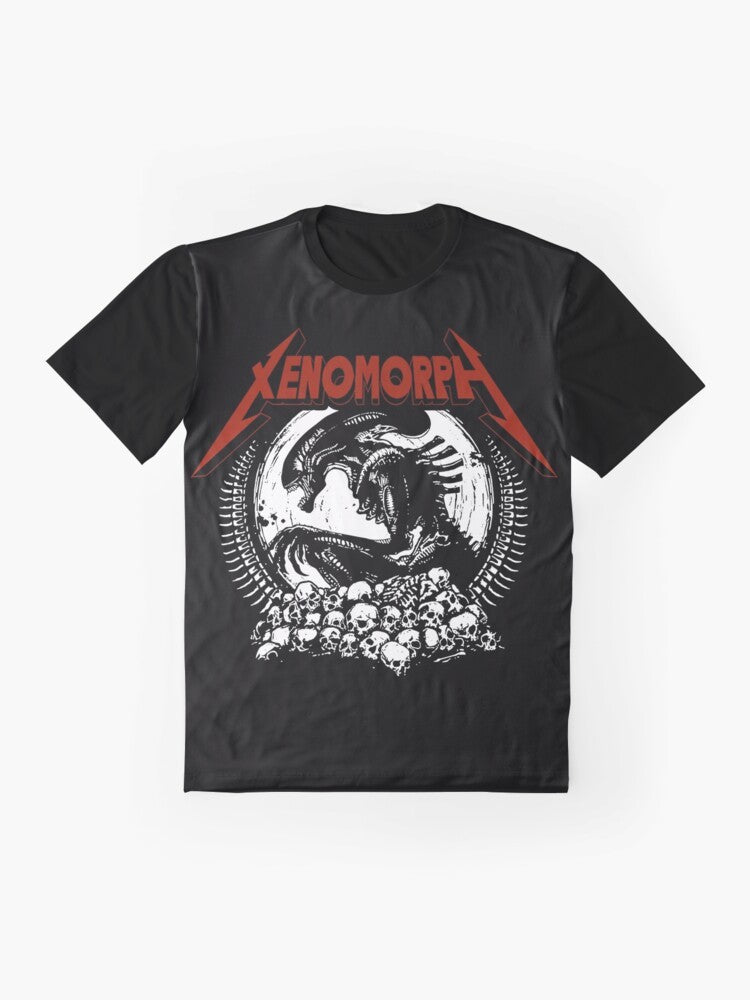 Graphic t-shirt featuring a metallic xenomorph alien from the sci-fi horror movie franchise. - Flat lay