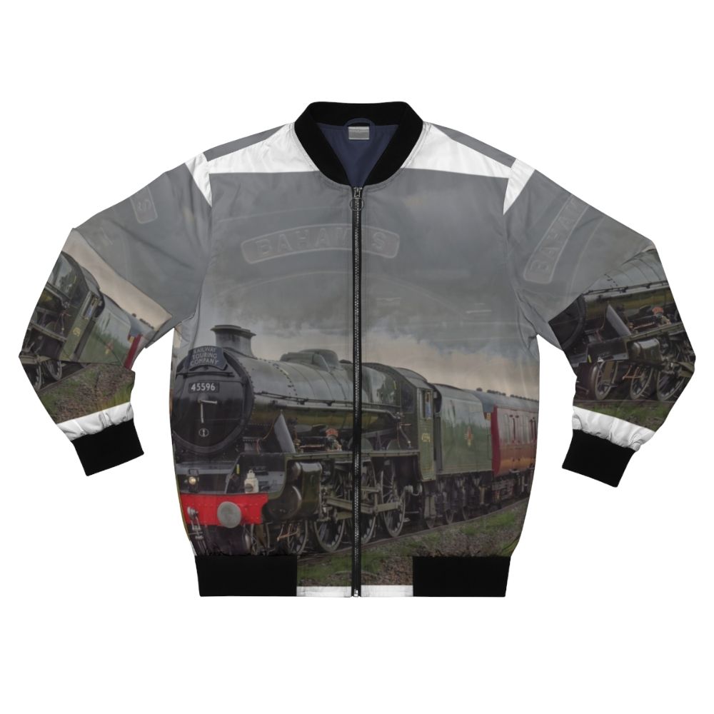 A stylish bomber jacket featuring a vintage steam train in the 'Bahamas' design.