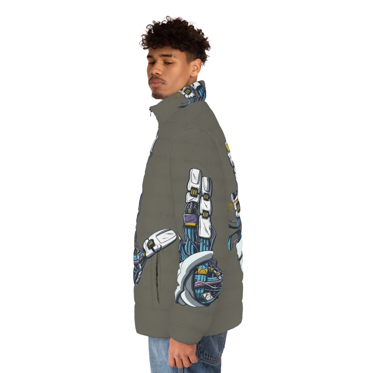 Mecha-inspired Star Trek Vulcan salute puffer jacket with sci-fi graphics - men side left