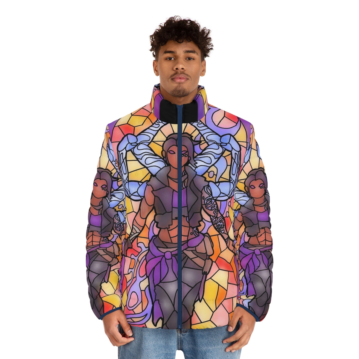 Amara from Borderlands wearing a stylish puffer jacket with a stained glass design - men front