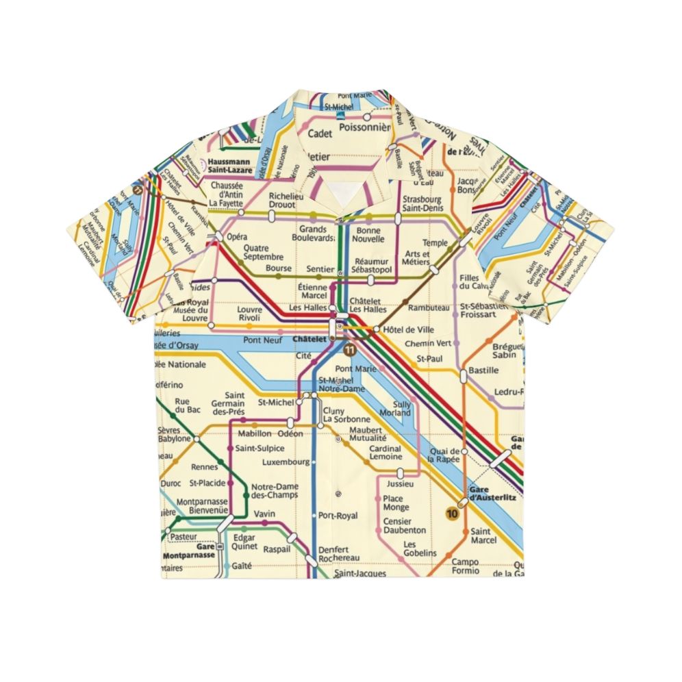 Person wearing a colorful Hawaiian shirt featuring a map of the Paris Metro system