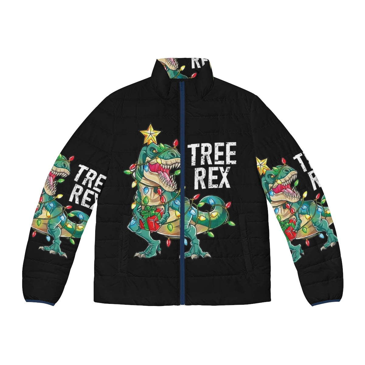 A cheerful puffer jacket featuring a Christmas dinosaur tree rex design