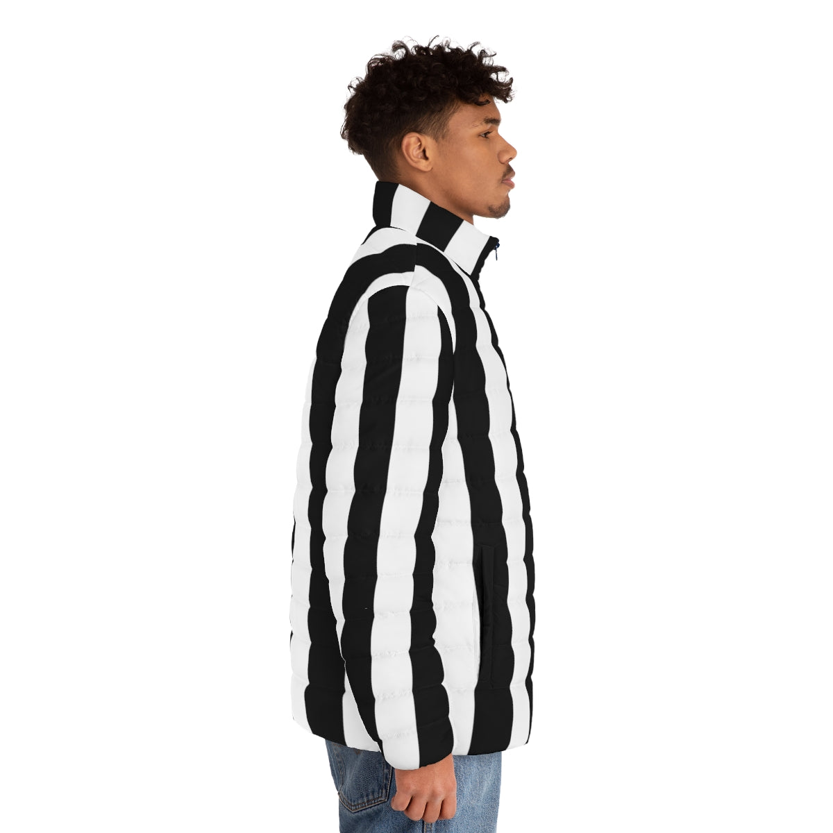 Black and white vertical striped puffer jacket - men side right