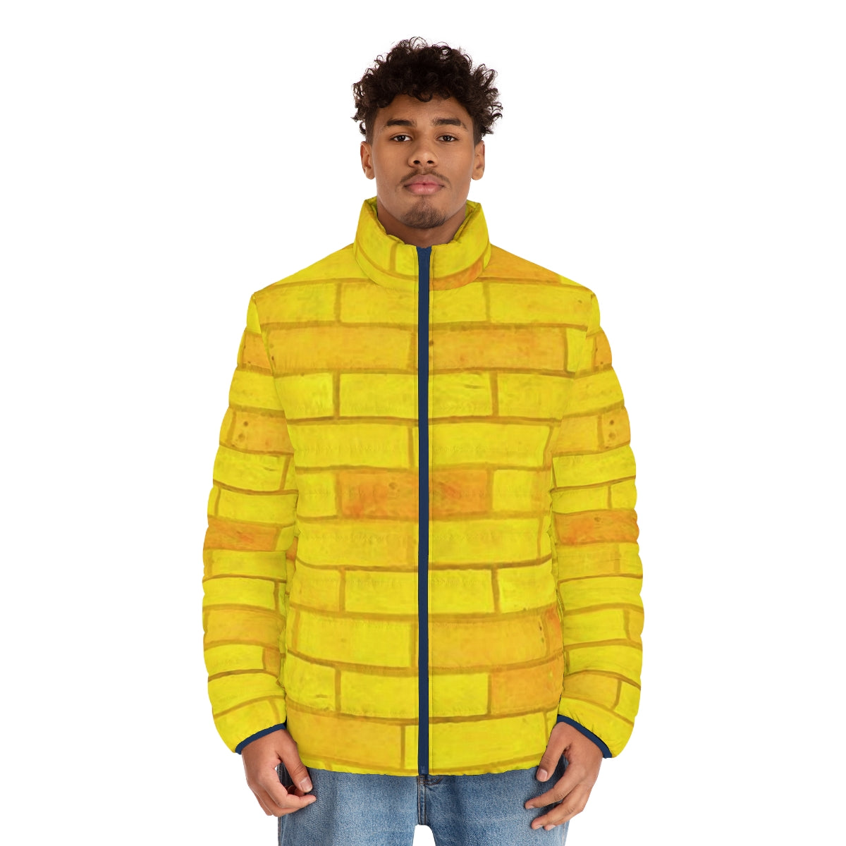 Person wearing a yellow puffer jacket with a brick road design, inspired by the Wizard of Oz - men front