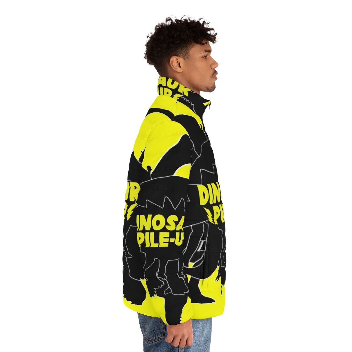 Dinosaur Pile Up Puffer Jacket featuring a dinosaur design for indie music fans - men side right