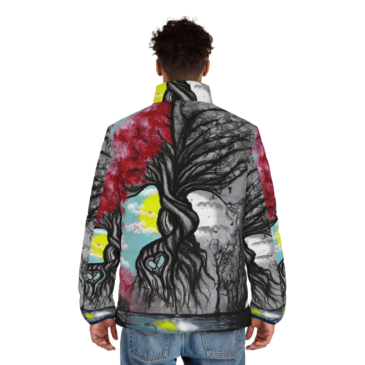 A puffer jacket featuring the symbolism of the Tree of Life, representing the circle of life. - men back