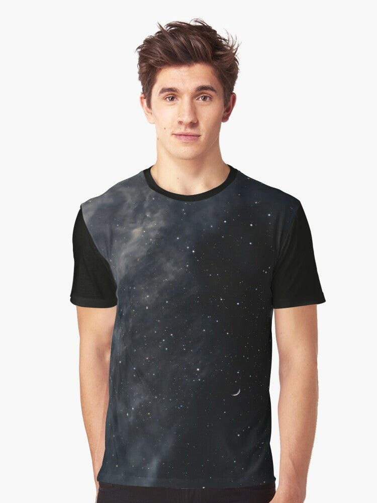 Melancholy landscape graphic t-shirt featuring a night sky with the moon, stars, and a dark, moody scene - Men