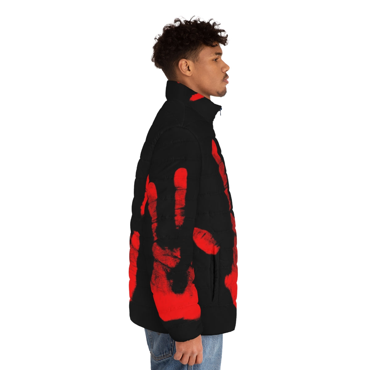 Red puffer jacket with "Red Right Hand" text, inspired by Nick Cave and The X-Files - men side right