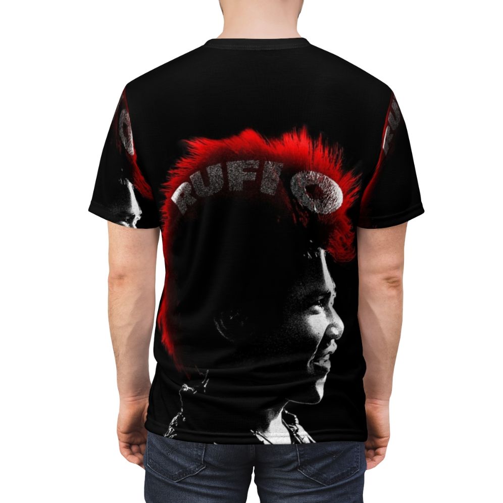 Rufio inspired all over print t-shirt featuring characters and elements from the 90s cult classic movie Hook - men back