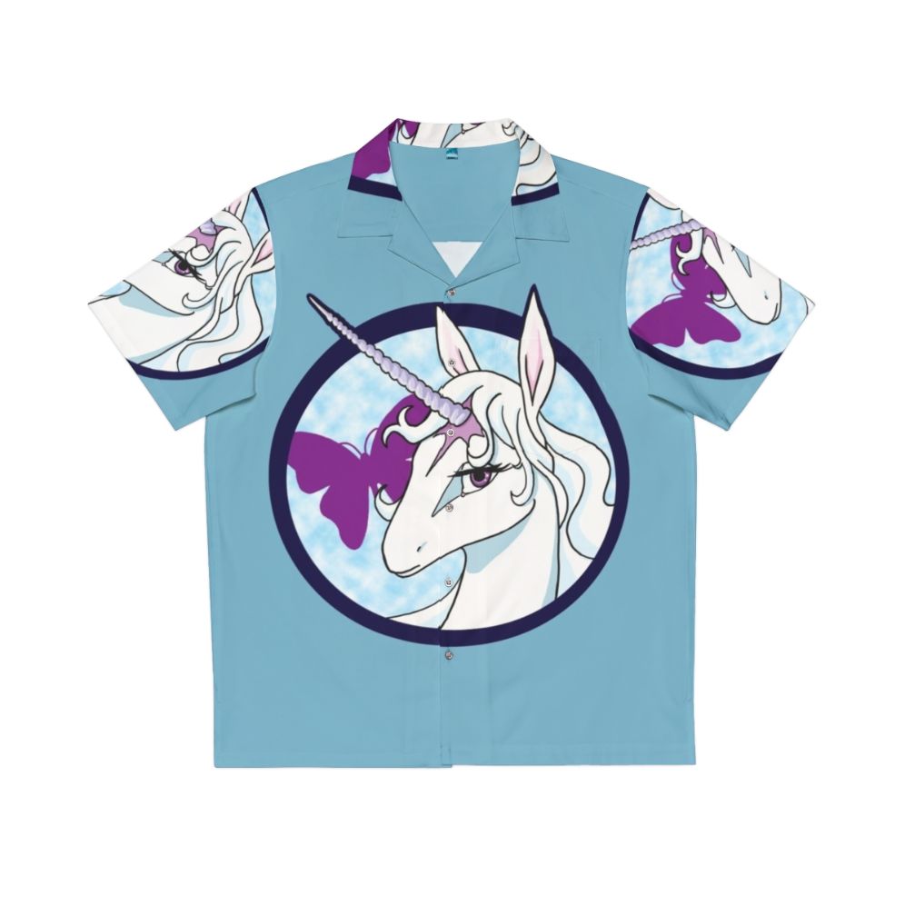 The Last Unicorn Hawaiian Shirt featuring a unicorn, Amalthea, and butterflies