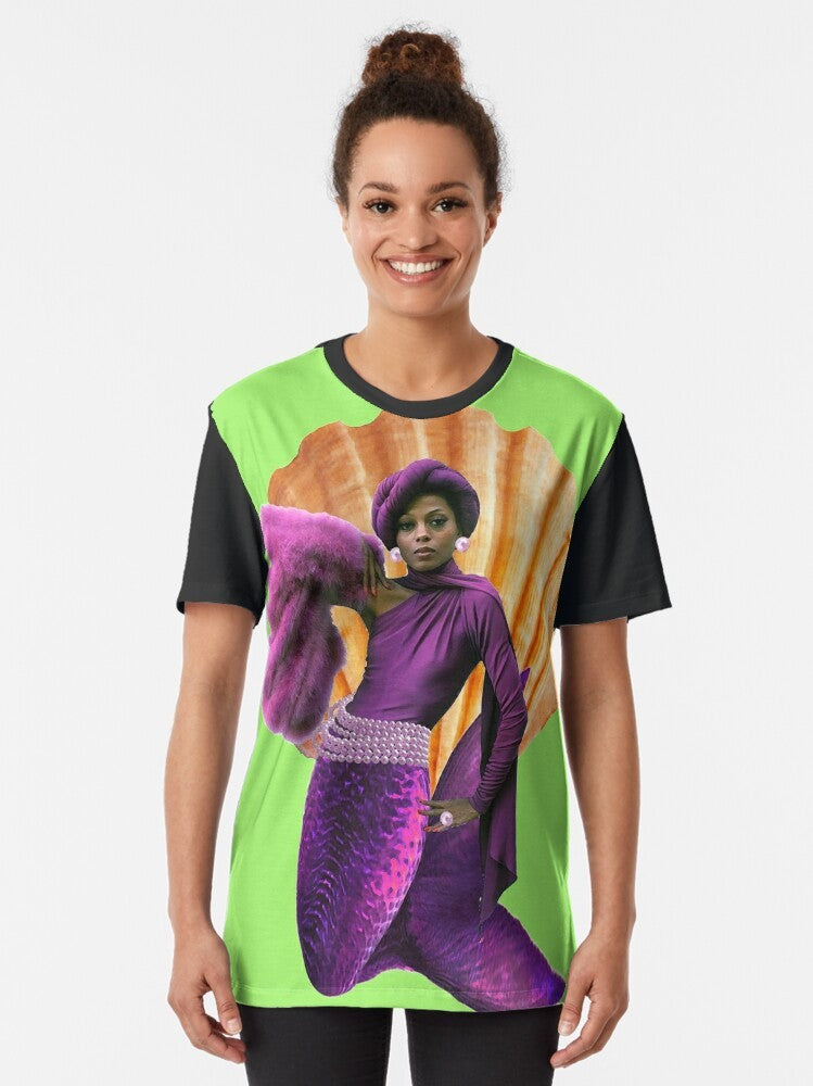 Mahogany Mermaid Graphic T-Shirt - Siren Tee Featuring Pink Pearls and Sea Shells - Women