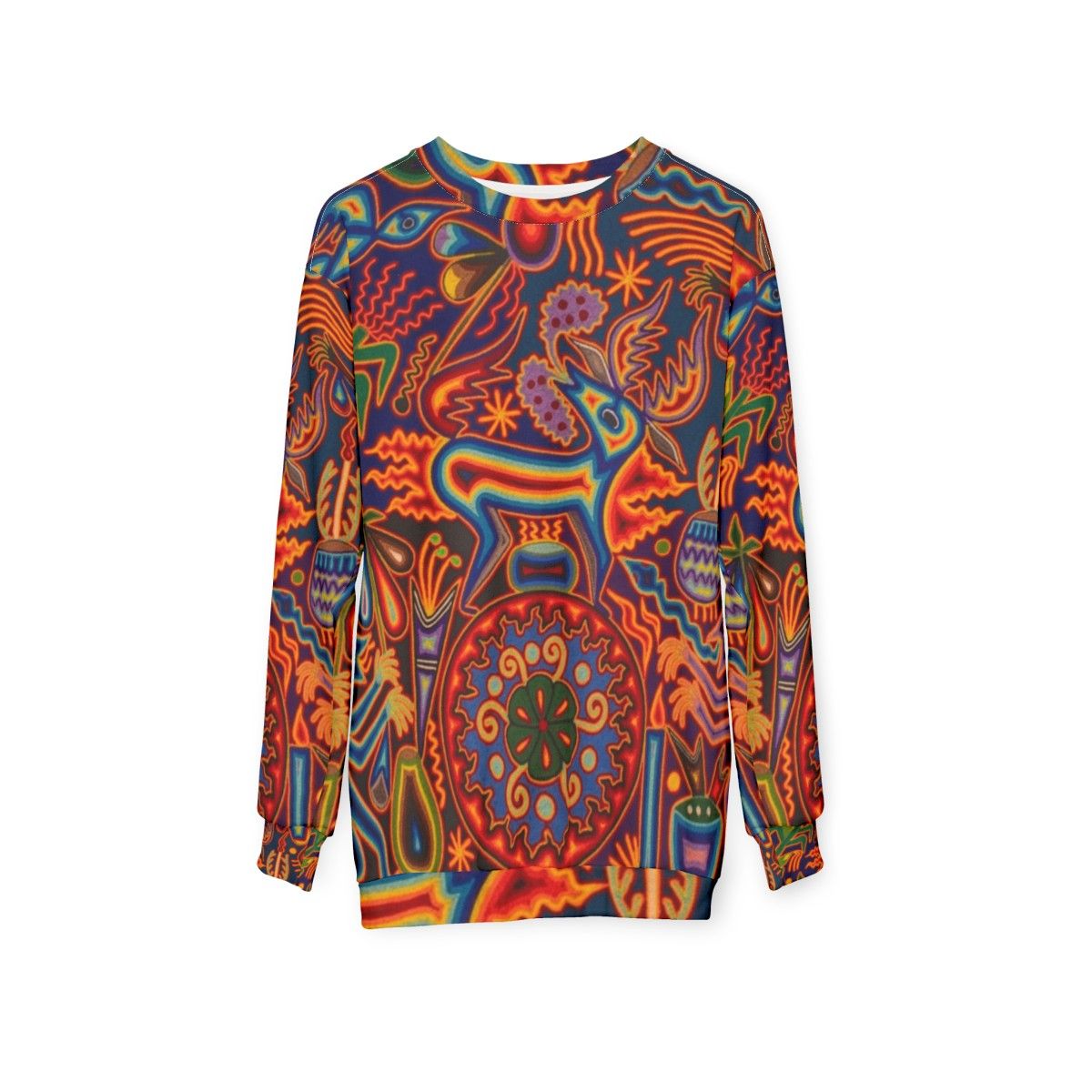 Huichol Sweatshirt with Vibrant Abstract Art Design - hanging