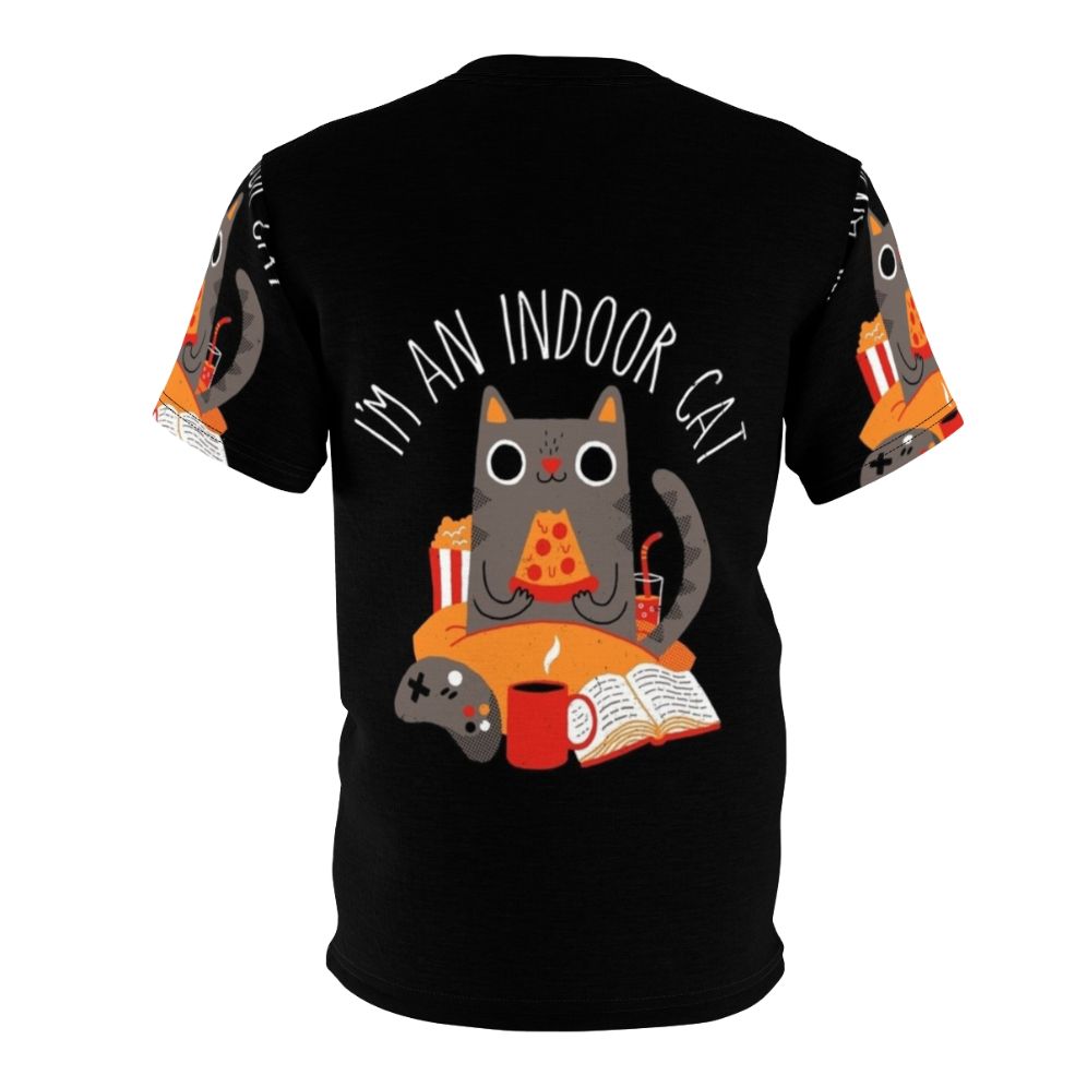 Stylish indoor cat t-shirt for cat lovers who enjoy reading books and playing video games - Back