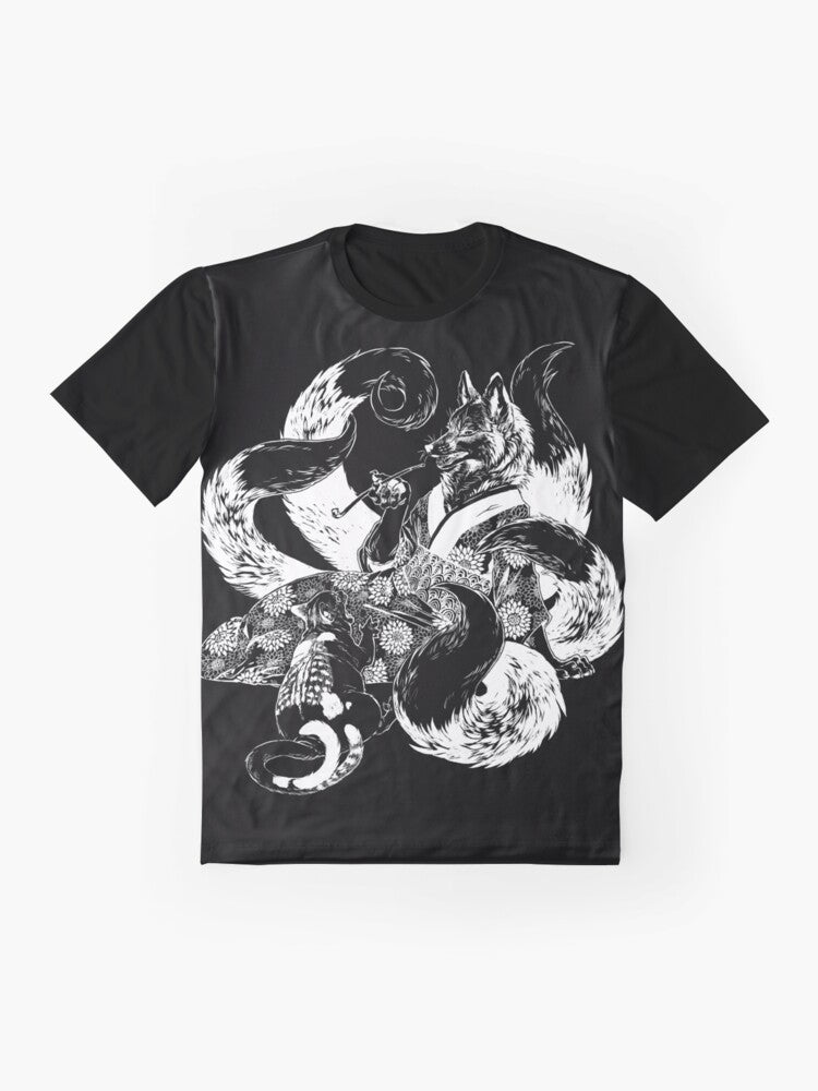 Illustration of a nekomata (two-tailed cat demon) arguing with a kitsune (fox spirit) on a graphic t-shirt - Flat lay