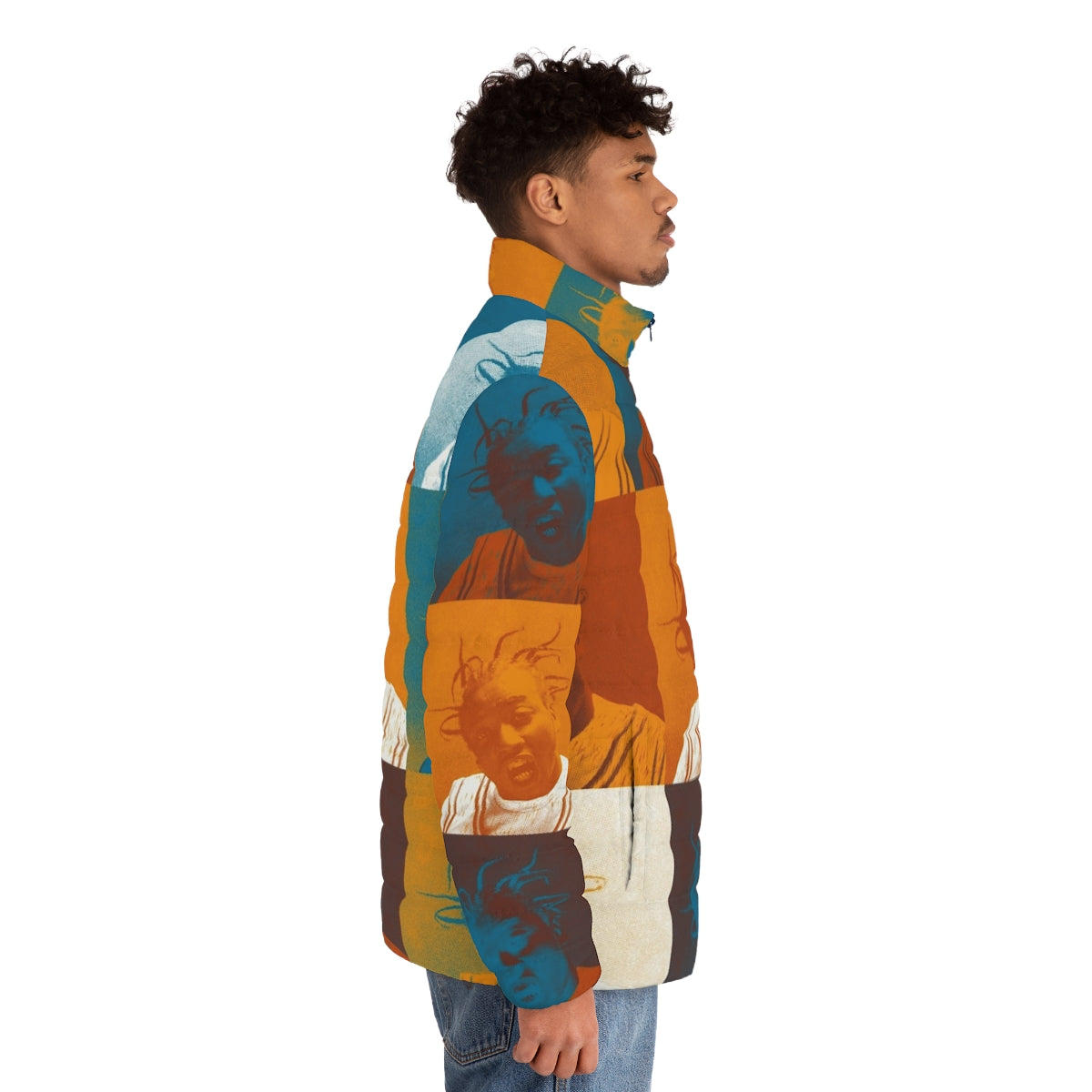 Ol Dirty Bastard Warhol Repeat Puffer Jacket featuring a halftone graphic design in orange and teal colors - men side right