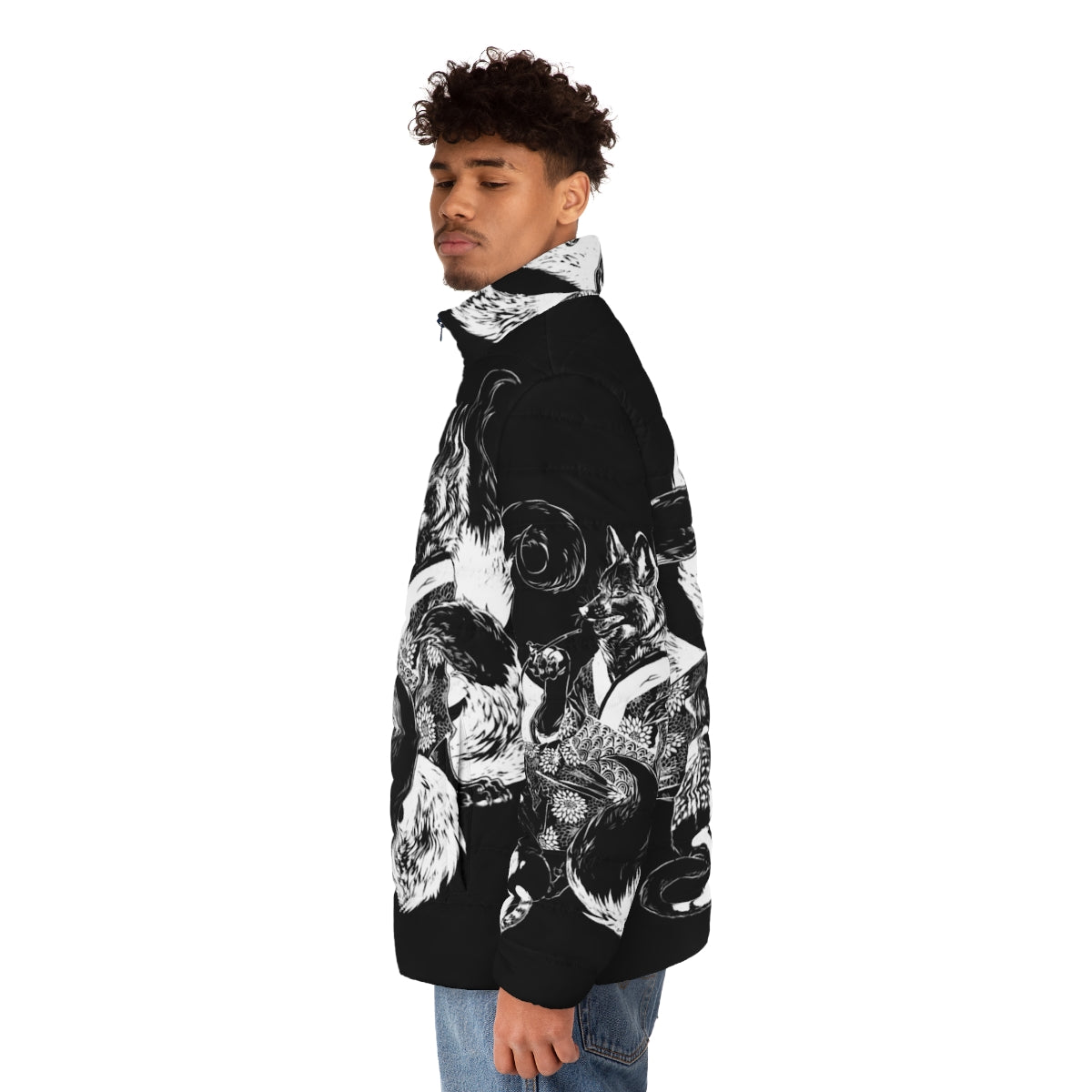 An inverted puffer jacket featuring a design of a nekomata (a two-tailed cat demon) arguing with a kitsune (a fox spirit) from Japanese mythology. - men side left