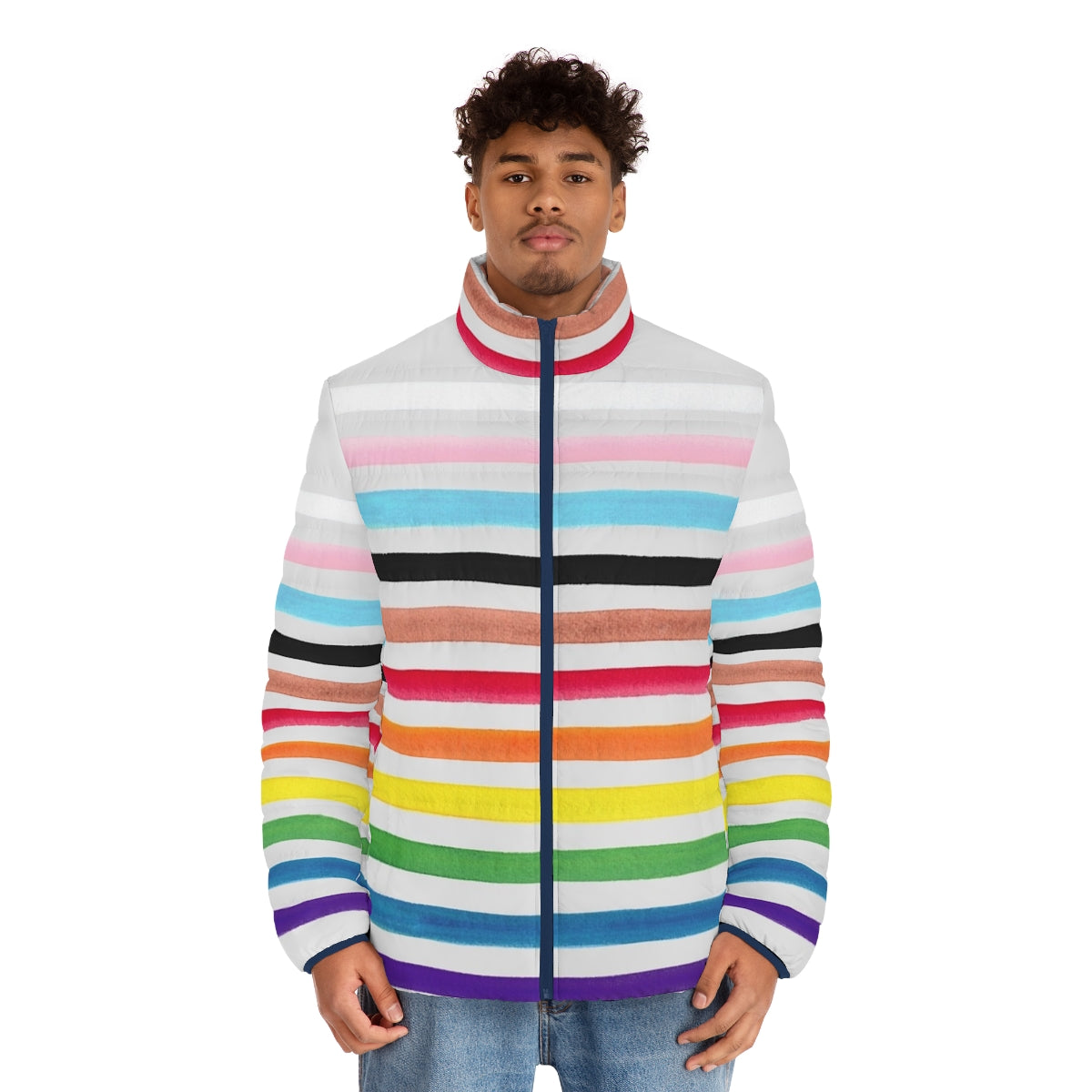 Progress pride stripes puffer jacket with gay, transgender, and Philadelphia pride flags - men front