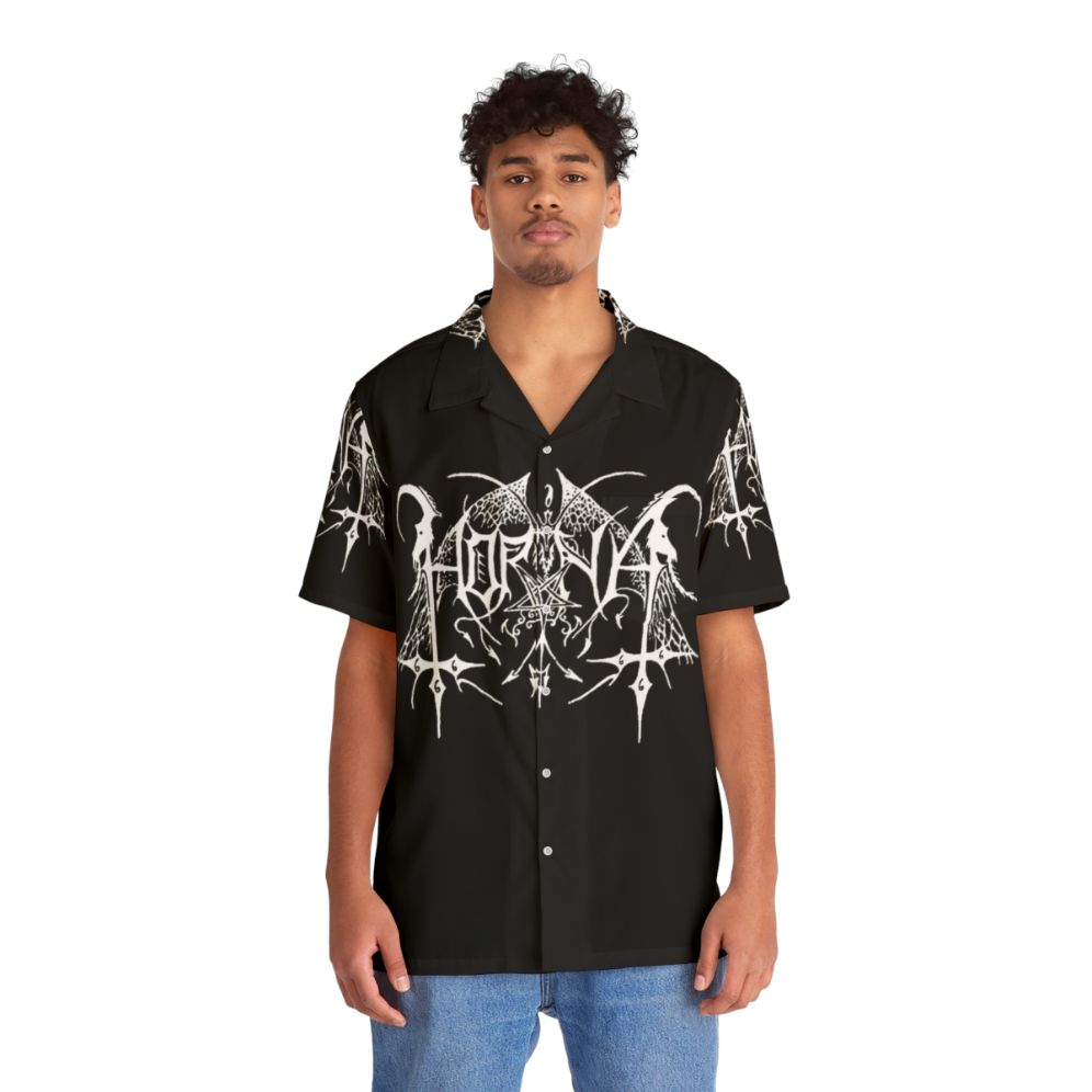 Black Metal Hawaiian Shirt with Horna and Finnish Black Metal Inspired Designs - People Front