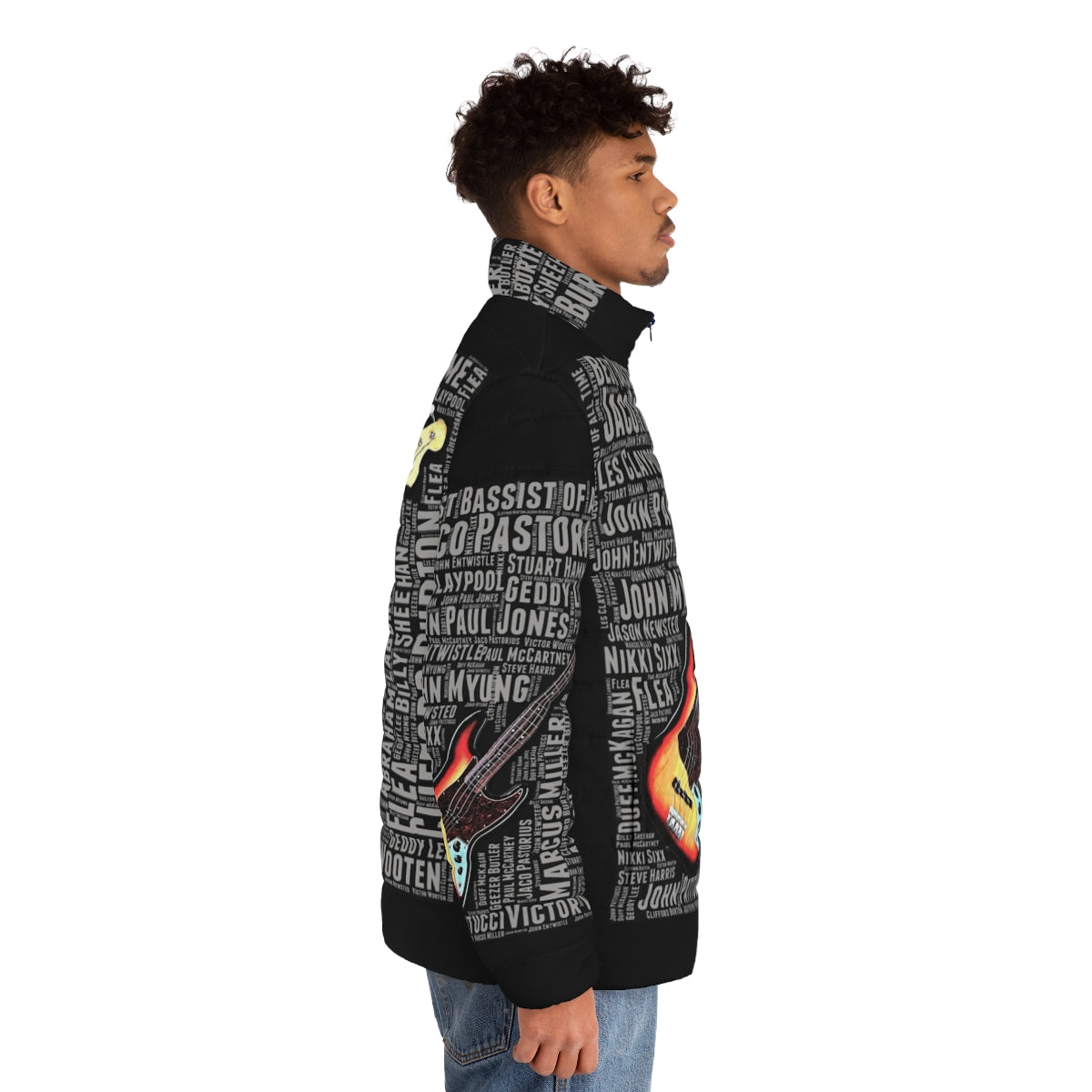 Puffer jacket featuring "Best Bassist of All Time" design, ideal for bass guitar players and music lovers - men side right