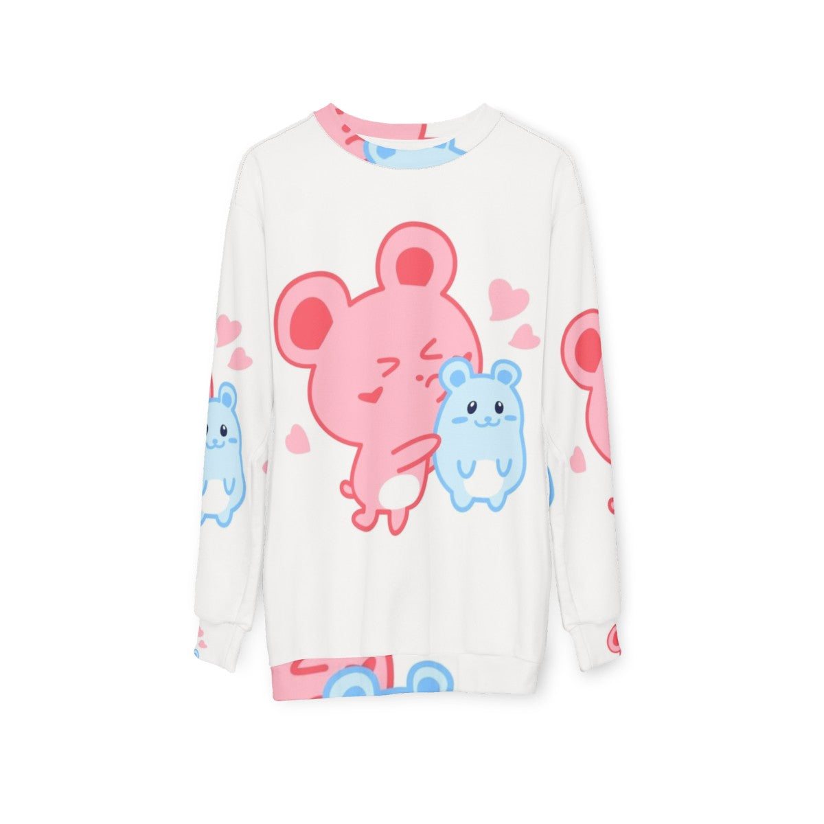 Two adorable hamsters printed on a pink and blue pastel sweatshirt - hanging