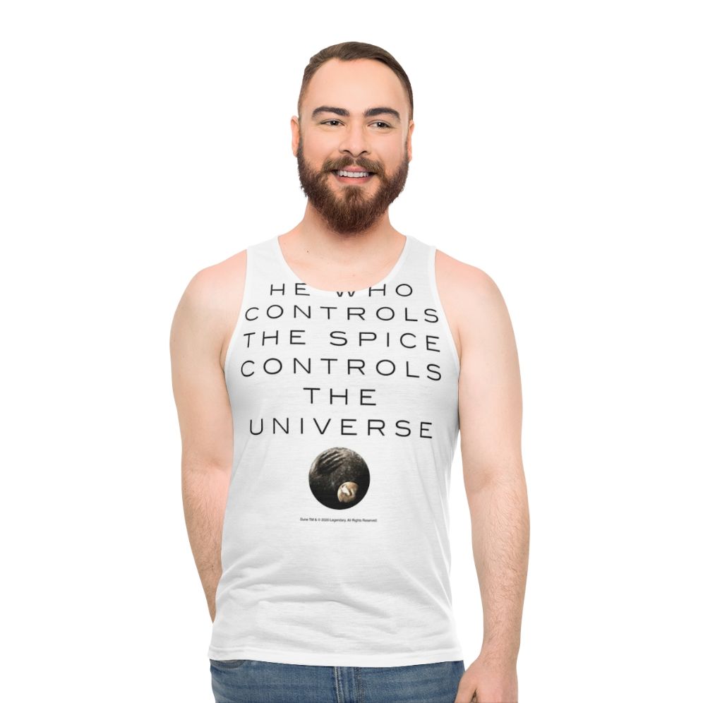 Dune inspired unisex tank top with "He Who Controls The Universe" design - men