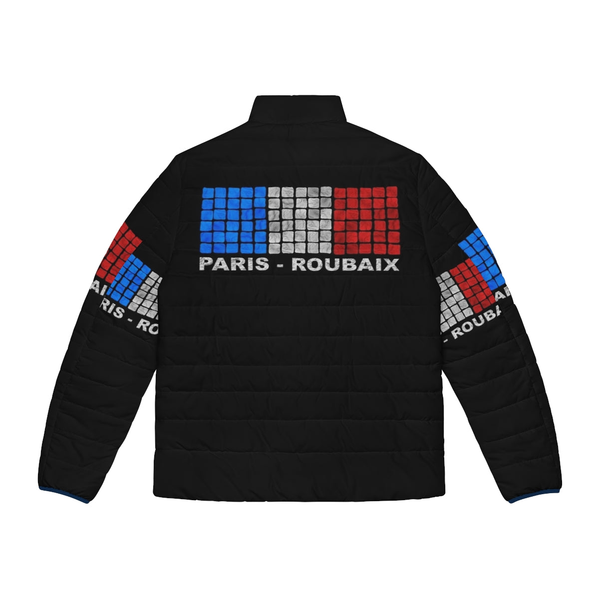 Paris Roubaix Puffer Jacket featuring a cyclist riding through the rugged terrain of northern France - Back