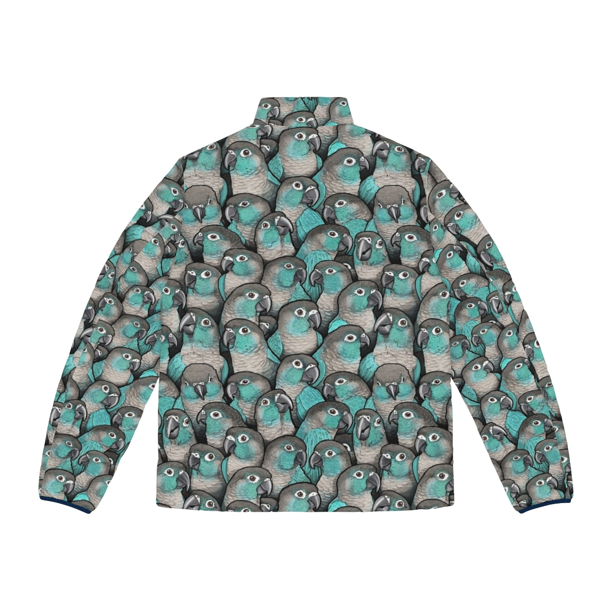 Turquoise green cheeked conure puffer jacket with bird pattern - Back