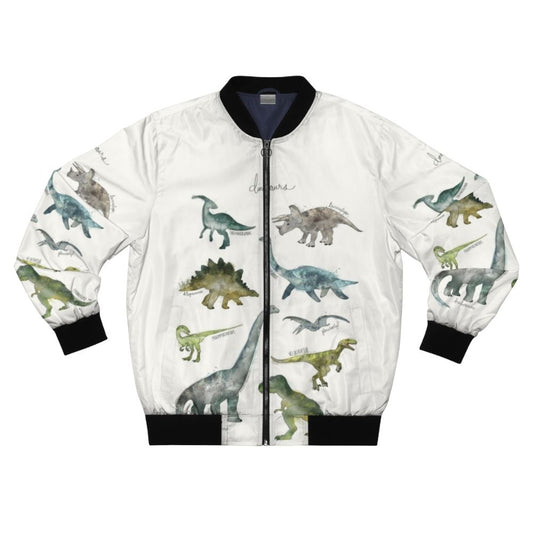 A stylish bomber jacket featuring a vibrant dinosaur design, perfect for nature and animal enthusiasts.