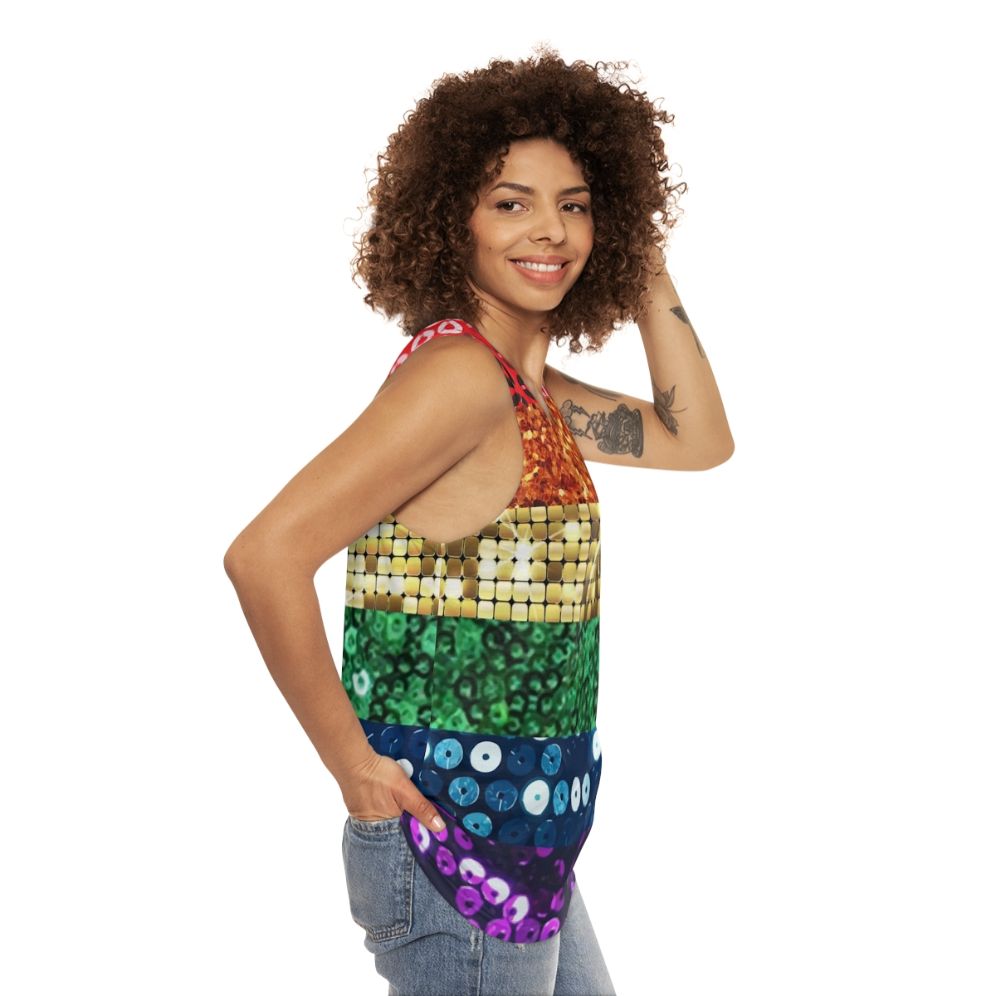 Unisex sequin pride flag graphic tank top - women side