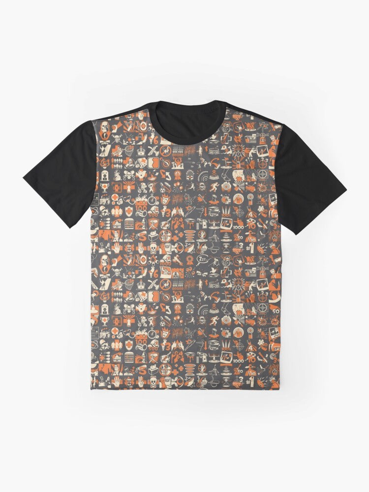 Team Fortress 2 graphic t-shirt featuring a repeating pattern of in-game achievements - Flat lay