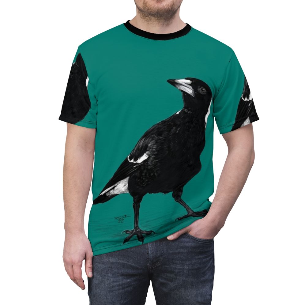 Stylish t-shirt featuring a striking black and white Australian magpie bird design - men front