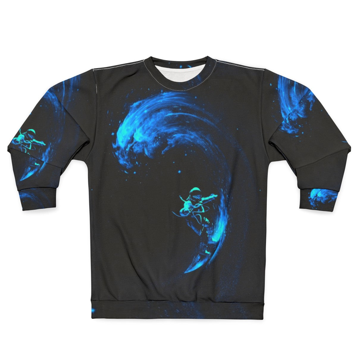 Cosmic Space Surfing Sweatshirt with galaxy, stars and astronaut design