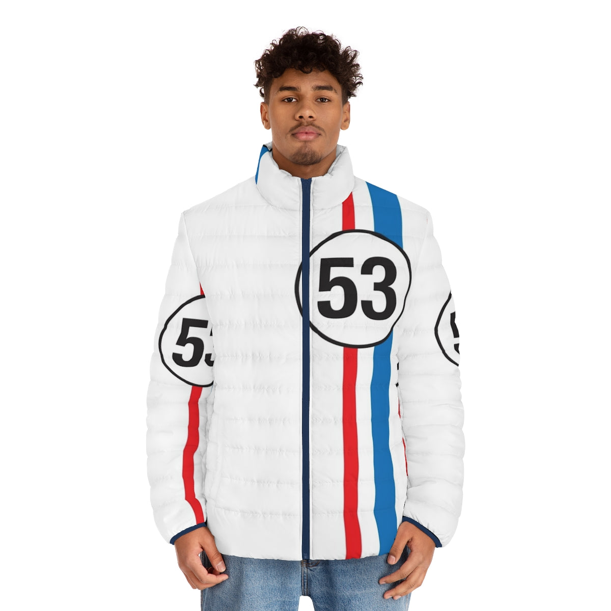 Herbie the Love Bug inspired puffer jacket with retro 53 beetle design - men front